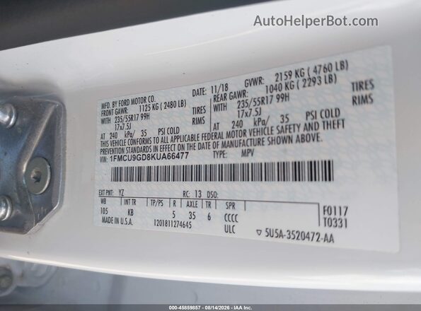 1FMCU9GD8KUA66477 2019 FORD ESCAPE White ძრავის განყოფილების ხედი