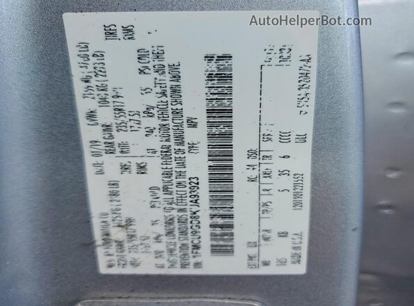 1FMCU9GD8KUA93923 2019 FORD ESCAPE Silver Widok naklejki z numerem VIN
