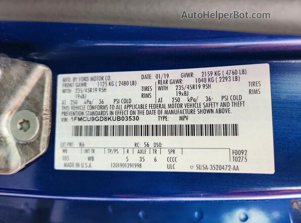 1FMCU9GD8KUB03530 2019 FORD ESCAPE Синий Вид наклейки с VIN-кодом