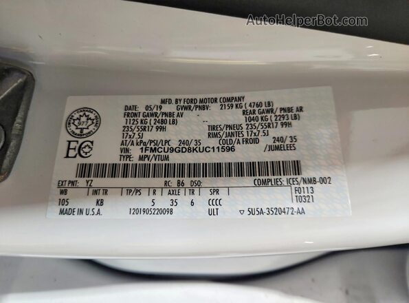 1FMCU9GD8KUC11596 2019 FORD ESCAPE White Vista de la etiqueta del VIN