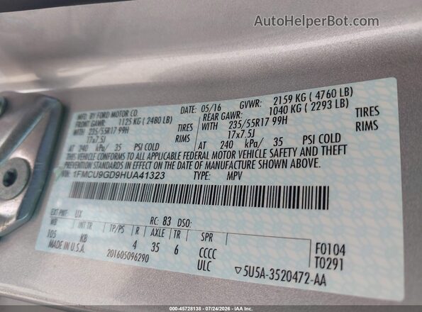 1FMCU9GD9HUA41323 2017 FORD ESCAPE Серебряный Вид подкапотного пространства