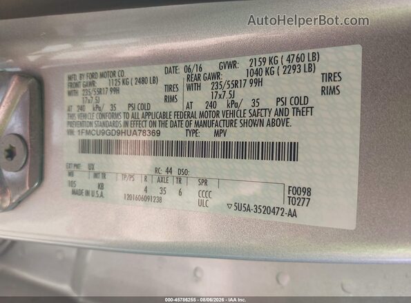 1FMCU9GD9HUA78369 2017 FORD ESCAPE Silver Вид підкапотного простору