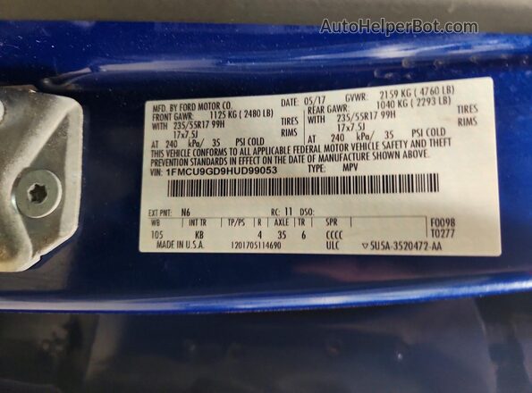 1FMCU9GD9HUD99053 2017 FORD ESCAPE Синий Вид наклейки с VIN-кодом