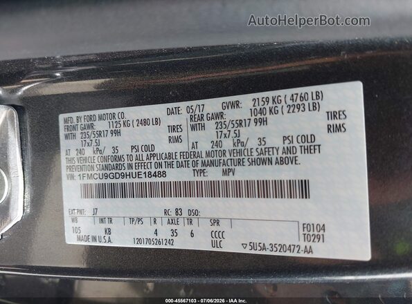 1FMCU9GD9HUE18488 2017 FORD ESCAPE Gray Engine compartment view