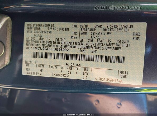 1FMCU9GD9JUB98002 2018 FORD ESCAPE Blue Widok komory silnika