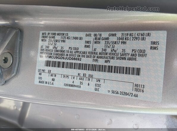 1FMCU9GD9JUD08692 2018 FORD ESCAPE Silver Vista del compartimento del motor