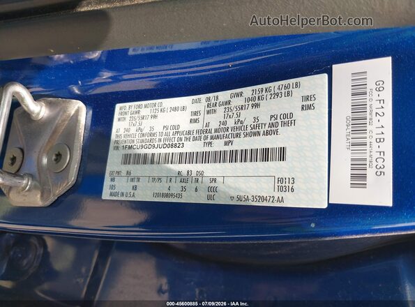 1FMCU9GD9JUD08823 2018 FORD ESCAPE Blue ძრავის განყოფილების ხედი