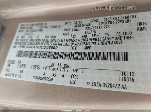 1FMCU9GD9JUD08899 2018 FORD ESCAPE Gold Engine compartment view