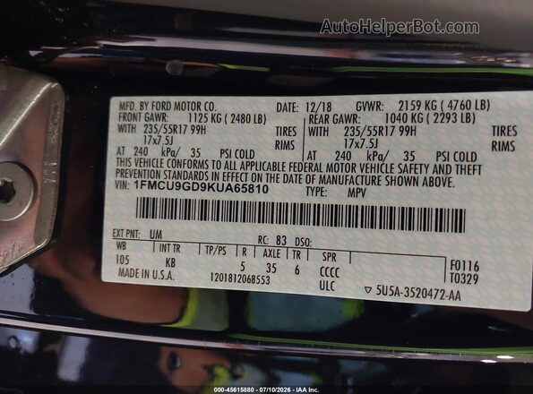 1FMCU9GD9KUA65810 2019 FORD ESCAPE Black Widok komory silnika