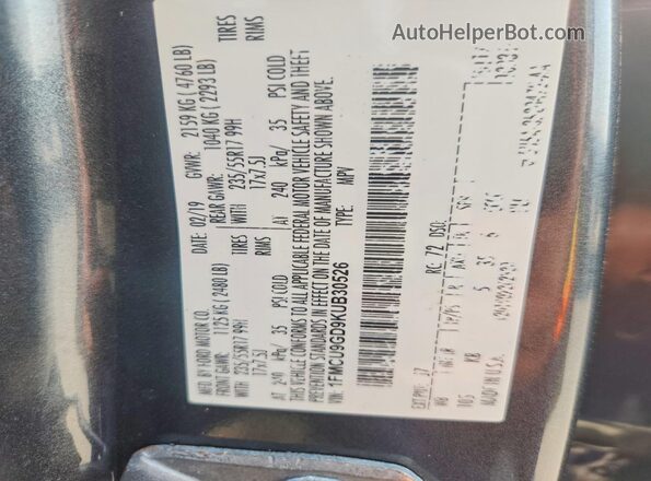 1FMCU9GD9KUB30526 2019 FORD ESCAPE Gray VIN კოდის სტიკერის ხედი