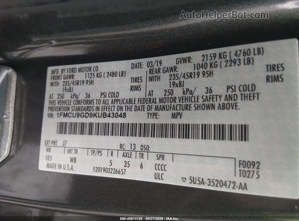1FMCU9GD9KUB43048 2019 FORD ESCAPE Gray Vista del compartimento del motor