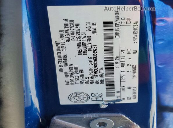 1FMCU9GD9KUB69231 2019 FORD ESCAPE Blue VIN կոդի պիտակի տեսք
