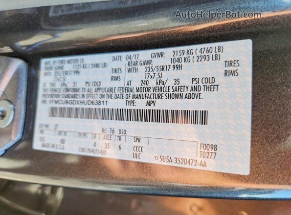 1FMCU9GDXHUD63811 2017 FORD ESCAPE Gray Vista de la etiqueta del VIN