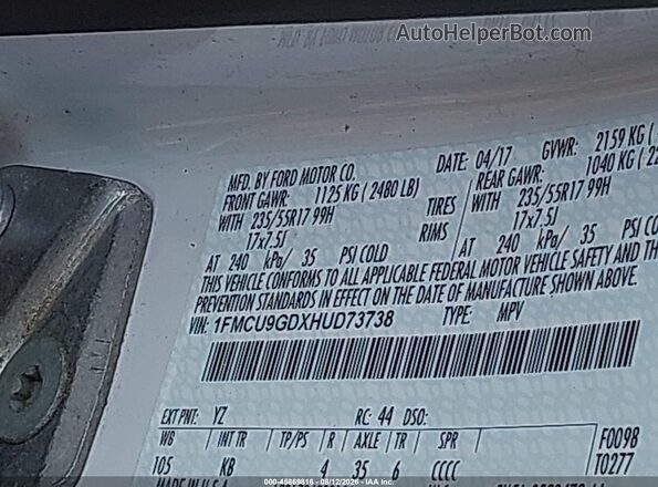 1FMCU9GDXHUD73738 2017 FORD ESCAPE White Вид підкапотного простору