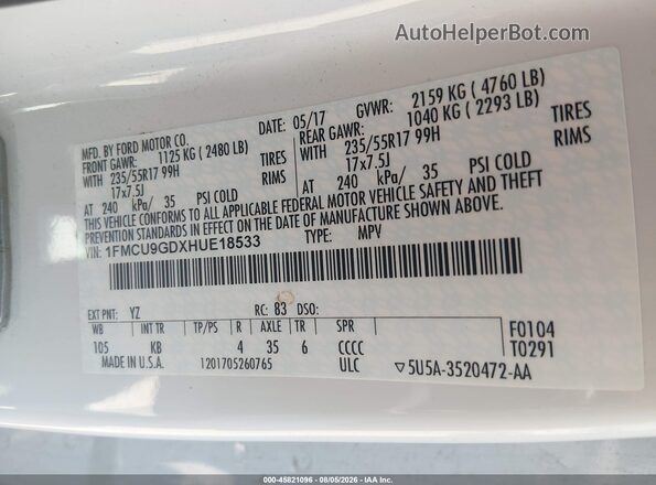 1FMCU9GDXHUE18533 2017 FORD ESCAPE White Engine compartment view