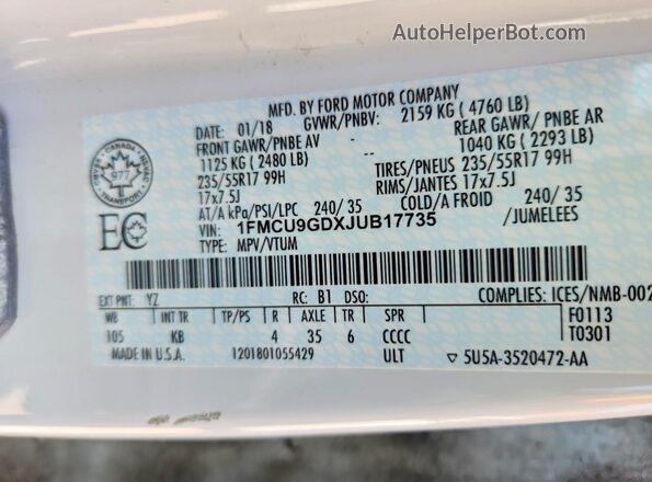 1FMCU9GDXJUB17735 2018 FORD ESCAPE White Widok naklejki z numerem VIN