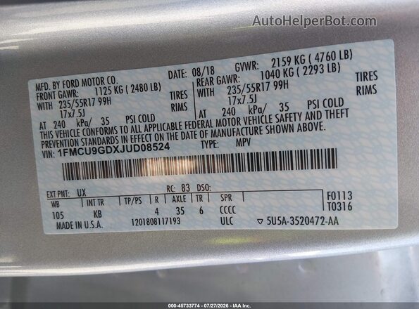 1FMCU9GDXJUD08524 2018 FORD ESCAPE Silver Widok komory silnika