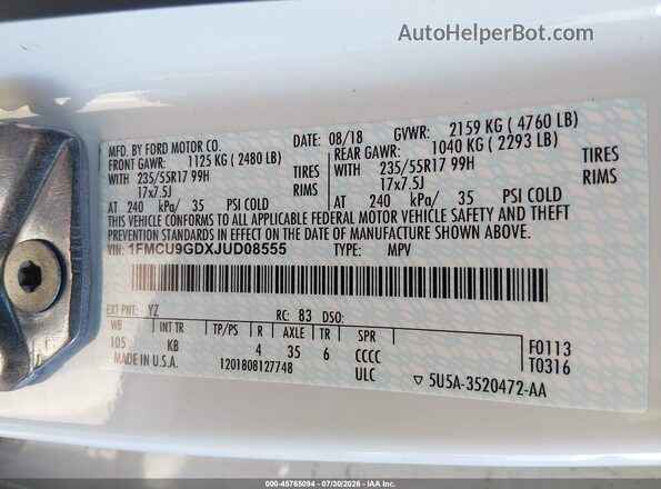 1FMCU9GDXJUD08555 2018 FORD ESCAPE White Engine compartment view