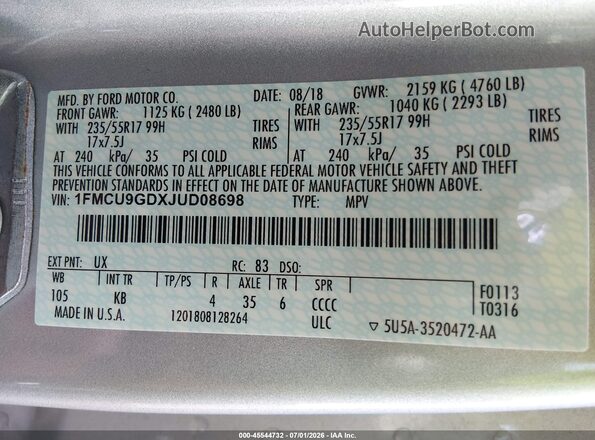 1FMCU9GDXJUD08698 2018 FORD ESCAPE Silver Engine compartment view