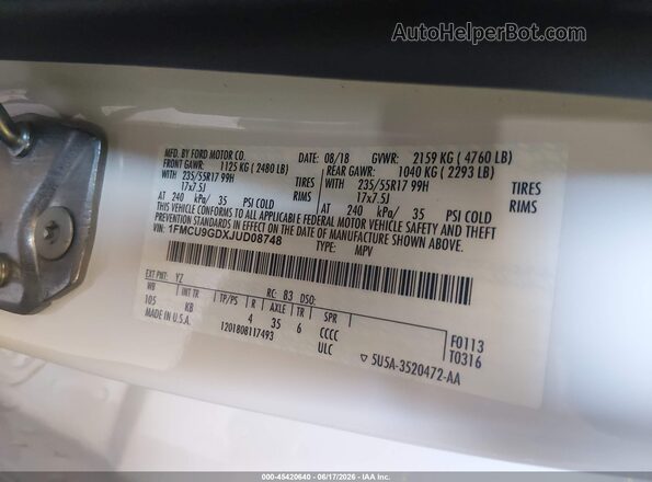 1FMCU9GDXJUD08748 2018 FORD ESCAPE White Vista del compartimento del motor