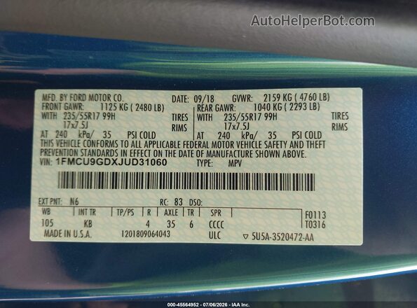 1FMCU9GDXJUD31060 2018 FORD ESCAPE Blue ძრავის განყოფილების ხედი