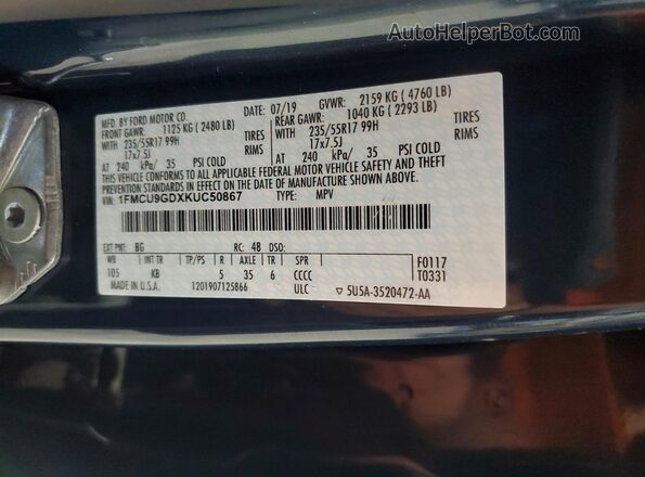 1FMCU9GDXKUC50867 2019 FORD ESCAPE Blue Widok komory silnika
