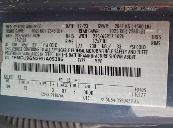 1FMCU9GN2RUA09386 2024 FORD ESCAPE Синий Вид наклейки с VIN-кодом