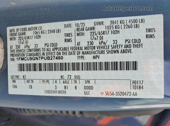 1FMCU9GN7PUB27480 2023 FORD ESCAPE Blue Vista de la etiqueta del VIN