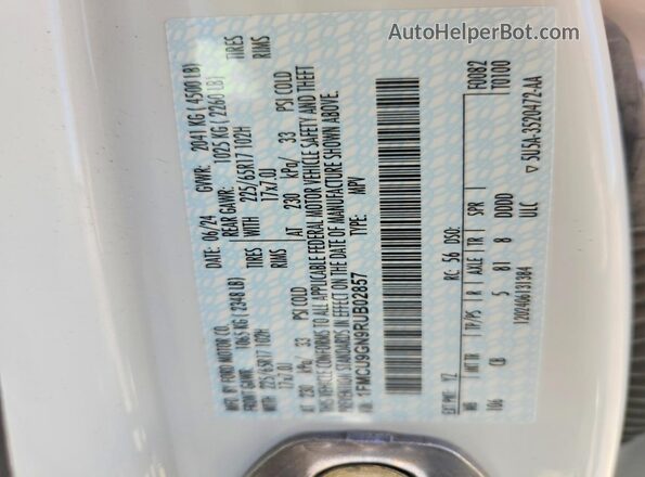 1FMCU9GN9RUB02857 2024 FORD ESCAPE White VIN კოდის სტიკერის ხედი