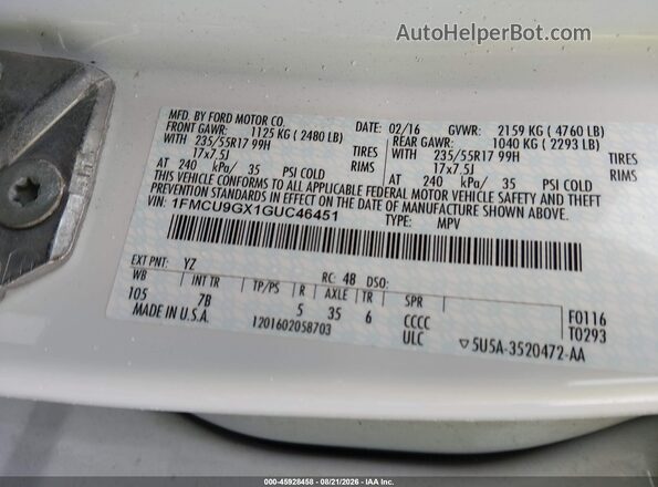 1FMCU9GX1GUC46451 2016 FORD ESCAPE Белый Вид подкапотного пространства