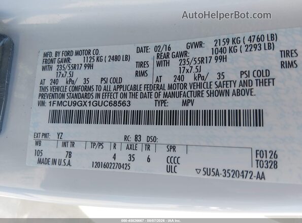 1FMCU9GX1GUC68563 2016 FORD ESCAPE Белый Вид подкапотного пространства