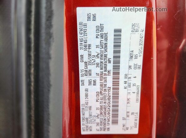 1FMCU9GX2GUB21152 2016 FORD ESCAPE Красный Вид наклейки с VIN-кодом