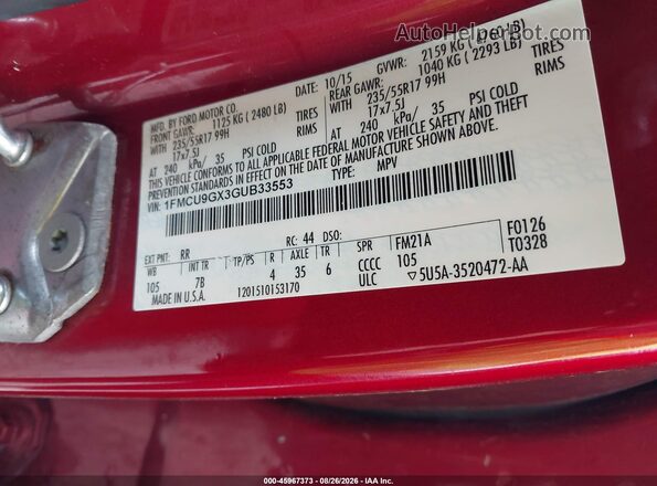 1FMCU9GX3GUB33553 2016 FORD ESCAPE Red Widok komory silnika