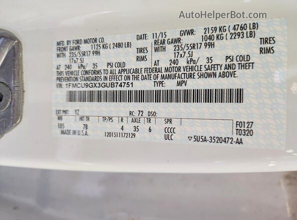 1FMCU9GX3GUB74751 2016 FORD ESCAPE White 