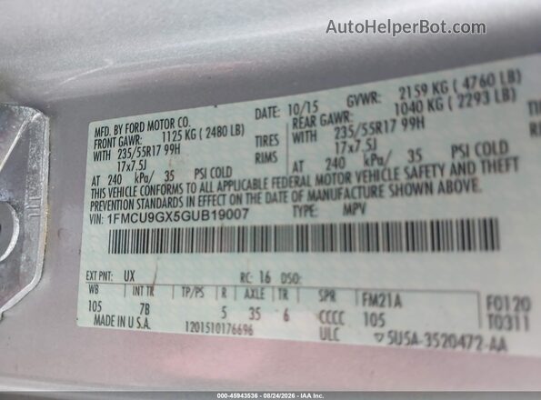 1FMCU9GX5GUB19007 2016 FORD ESCAPE Silver Widok komory silnika
