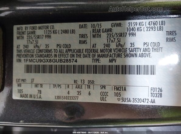 1FMCU9GX8GUB28574 2016 FORD ESCAPE Gray Widok komory silnika