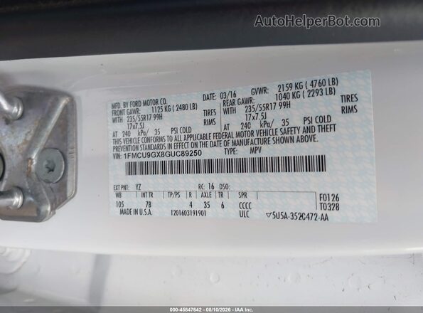 1FMCU9GX8GUC89250 2016 FORD ESCAPE White Engine compartment view
