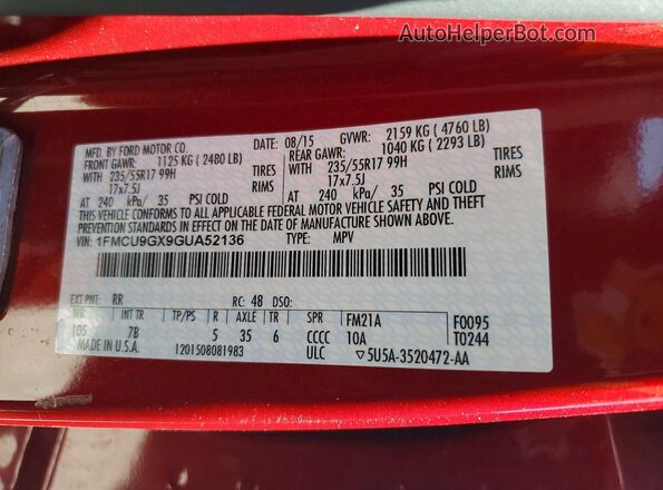 1FMCU9GX9GUA52136 2016 FORD ESCAPE Red Widok naklejki z numerem VIN