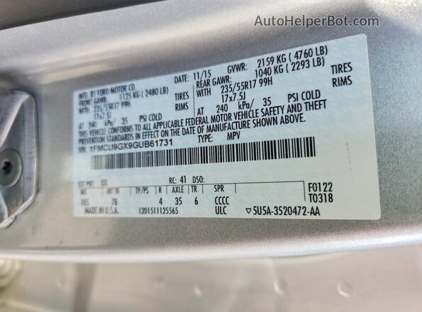 1FMCU9GX9GUB61731 2016 FORD ESCAPE Silver Vista de la etiqueta del VIN