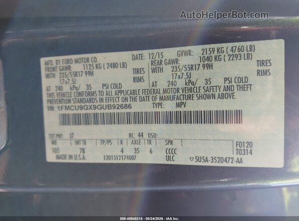 1FMCU9GX9GUB92686 2016 FORD ESCAPE Gray Вид підкапотного простору