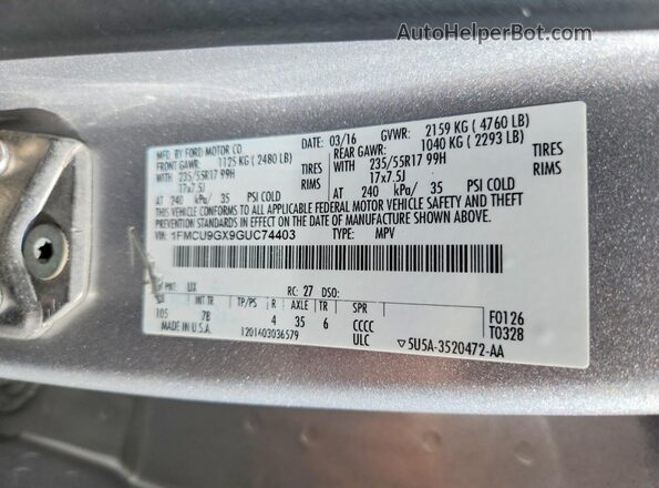 1FMCU9GX9GUC74403 2016 FORD ESCAPE Silver VIN կոդի պիտակի տեսք