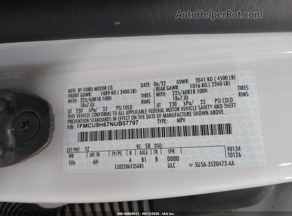 1FMCU9H67NUB07797 2022 FORD ESCAPE Белый Вид подкапотного пространства