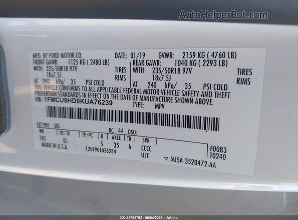 1FMCU9HD0KUA76239 2019 FORD ESCAPE White Widok komory silnika