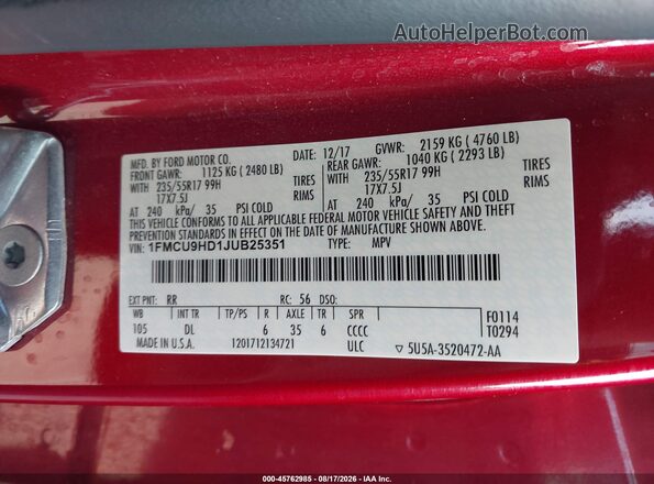 1FMCU9HD1JUB25351 2018 FORD ESCAPE Red Vista del compartimento del motor