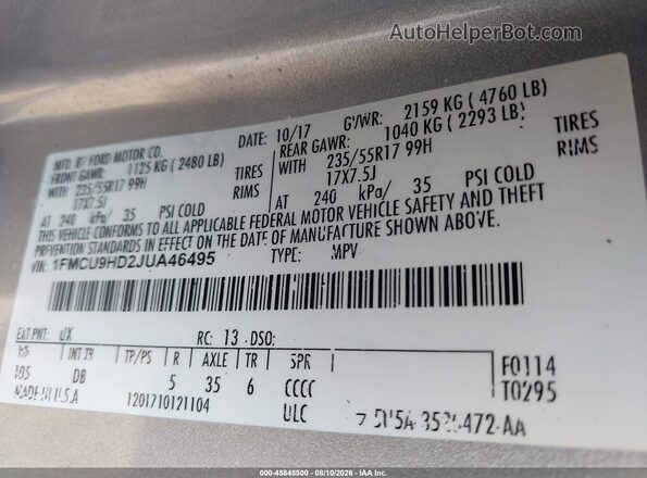 1FMCU9HD2JUA46495 2018 FORD ESCAPE Silver Շարժիչի բաժամունքի տեսք