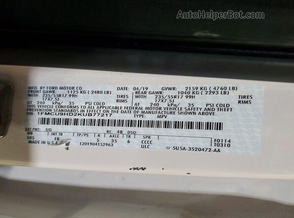 1FMCU9HD2KUB77217 2019 FORD ESCAPE White VIN კოდის სტიკერის ხედი