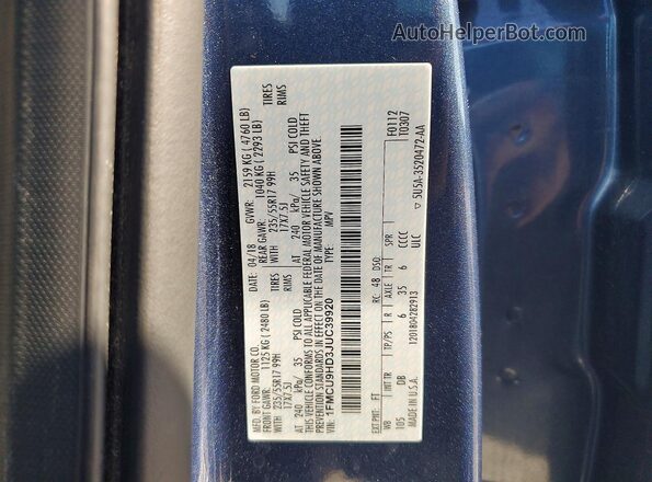 1FMCU9HD3JUC39920 2018 FORD ESCAPE Blue VIN կոդի պիտակի տեսք