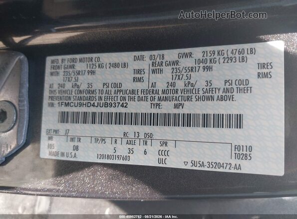 1FMCU9HD4JUB93742 2018 FORD ESCAPE Gray Engine compartment view