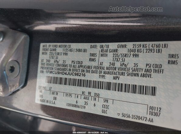 1FMCU9HD4JUC98216 2018 FORD ESCAPE Серый Вид подкапотного пространства