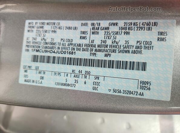 1FMCU9HD4JUD01681 2018 FORD ESCAPE Silver Vista de la etiqueta del VIN